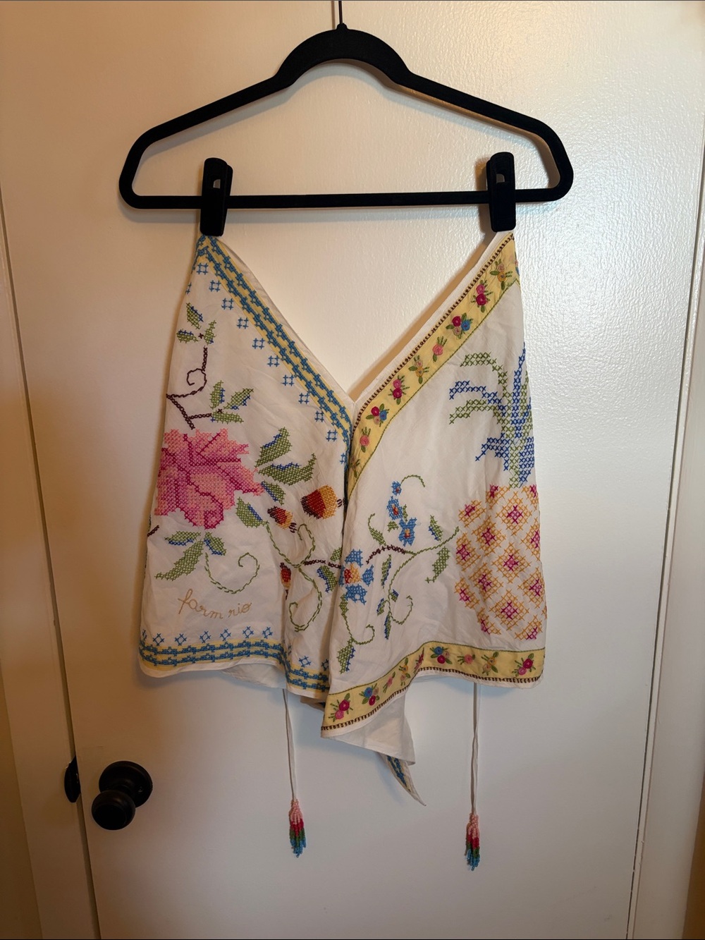 FARM Rio White Floral Embroidered Camisole with Pink, Blue and Yellow Details